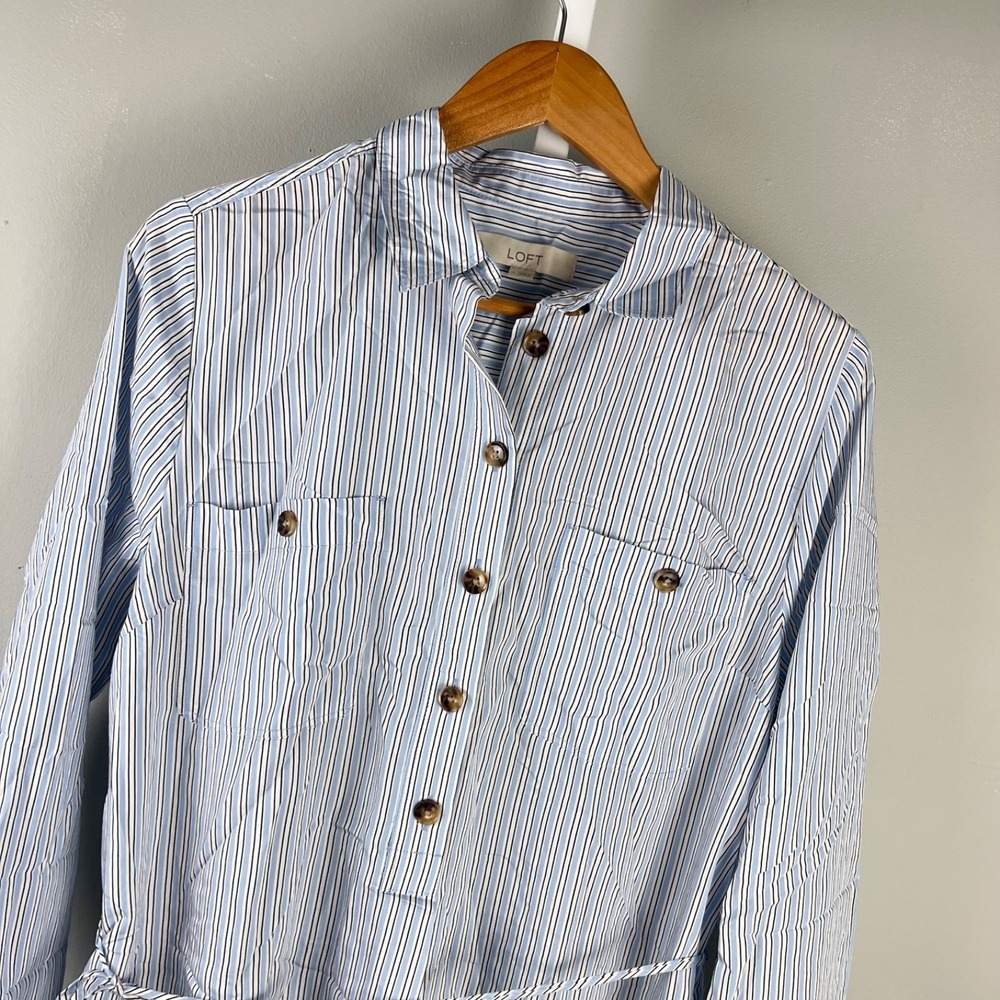 Ann Taylor LOFT Shirt Dress Womens L Light Blue Stripe Preppy Classic
